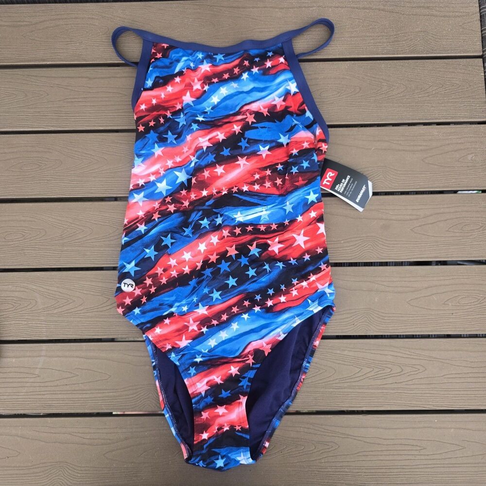 TYR Durafast Women's Freedom Flag Multicolor Diamondfit One Piece Swim Sz 36 New